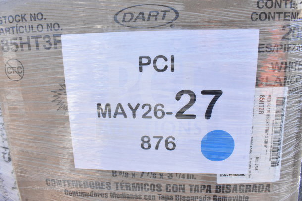 Plastic-wrapped pallet labeled "PCI MAY26-27 876" with DART branding, contains 25 new scratch and dent items.