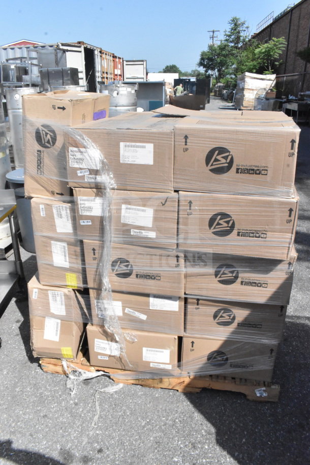 Pallet of 25 new LSI 548458R2 light fixtures, scratch and dent condition, wrapped in protective plastic, outdoor setting.