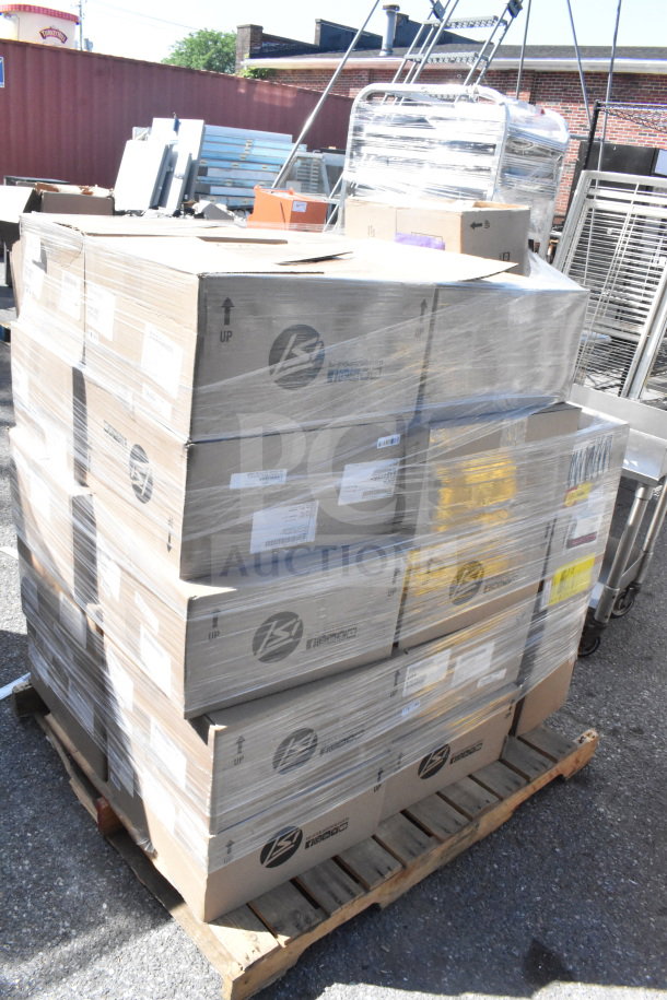 Stack of boxes containing 25 brand new scratch and dent items, including LSI 548458R2 light fixtures, on a pallet.