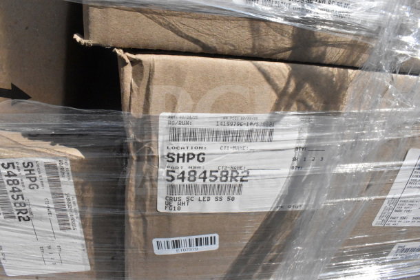 Cardboard boxes wrapped in plastic, labeled with LSI 548458R2 parts. New, some scratch and dent, 25 items total.