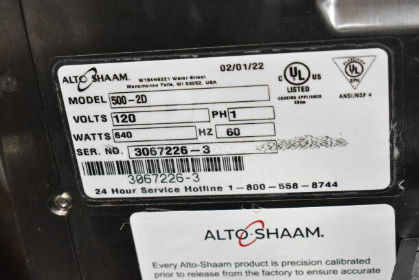 Alto Shaam 500-2D commercial warming drawer label, showing 120V, 1 Phase, 640W, with serial number 3067226-3.