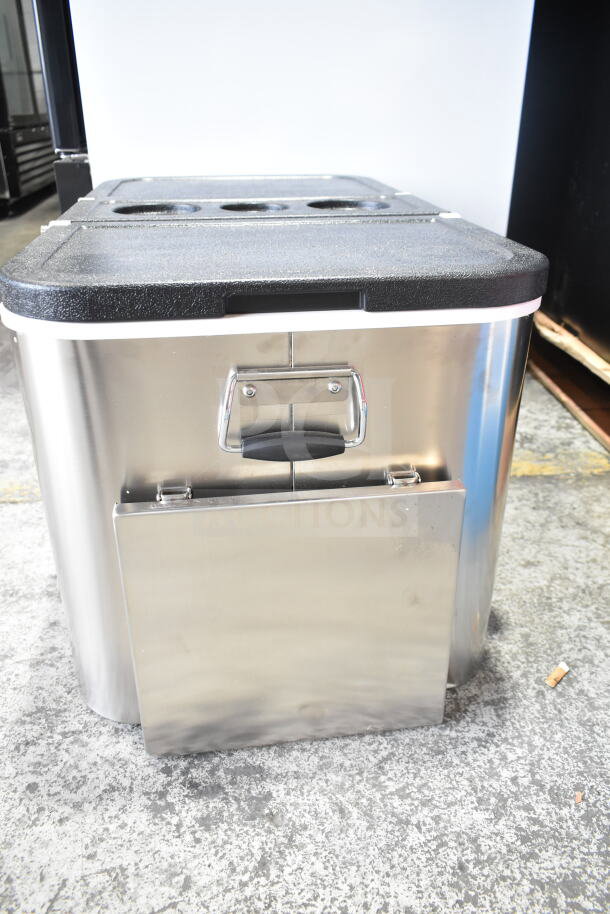 Choice 100 Qt. stainless steel beverage cooler with black lid, smooth handles, and external bottle opener. Appears in excellent condition.