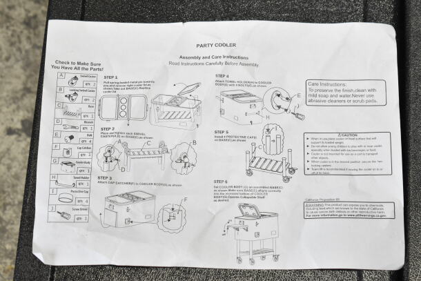 Assembly instructions for Choice 100 Qt. Stainless Steel Beverage Cooler, highlighting parts and care tips.