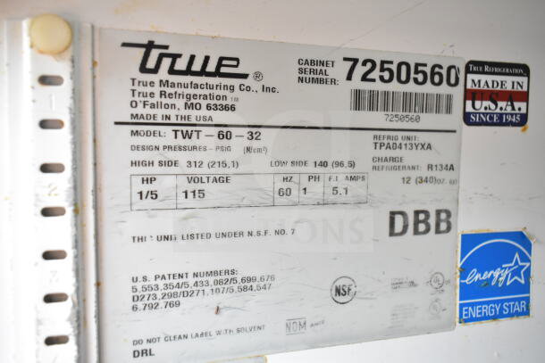 True TWT-60-32 2 Door Work Top Cooler label. 115V, 1 phase, refrigerant R134A, Energy Star rated, made in the USA.