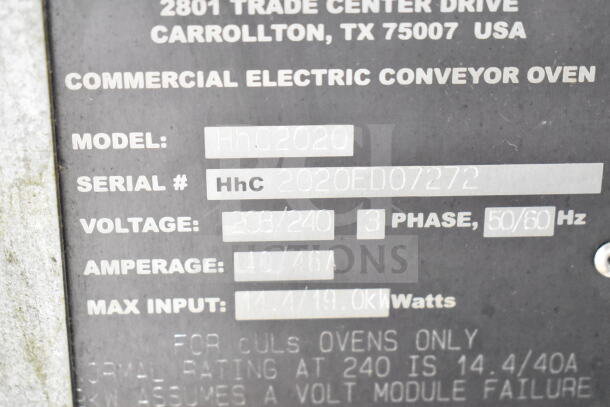 Turbochef HhC2020 commercial conveyor oven label showing model, voltage (208/240), and other specs.