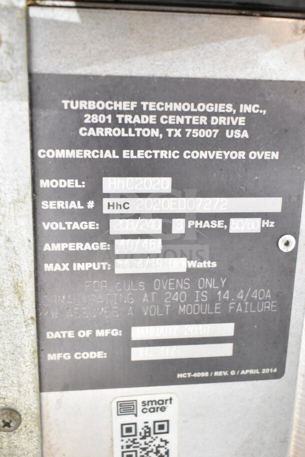 Turbochef HhC2020 label; commercial electric conveyor oven details, serial HhC2020ED07272, 208/240 volts, 3 phase, 40/46A.