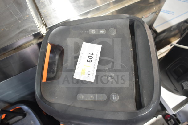 JBL Partybox 300 speaker on store display, featuring control buttons and a label with auction number 109, showing slight wear.