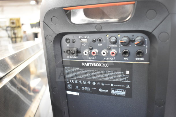 Back panel of JBL Partybox 300 speaker, displaying various input/output ports and power connections.