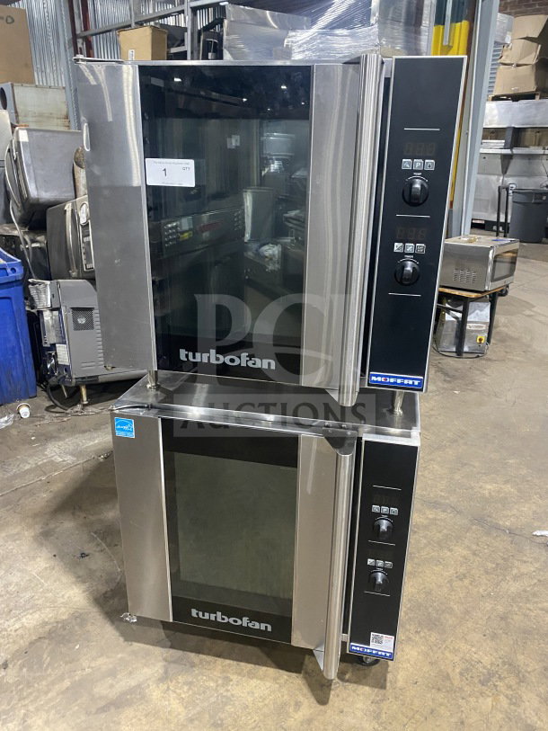 Turbofan Moffat E32D5 double stacked convection oven, stainless steel, electric, steam injection, on casters, excellent condition.