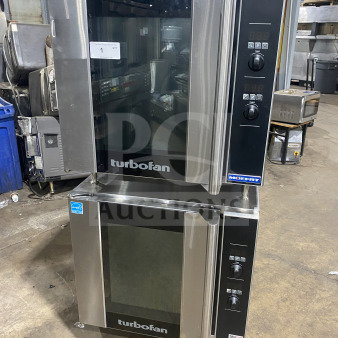 Turbofan Moffat E32D5 double stacked convection oven, stainless steel, electric, steam injection, on casters, excellent condition.