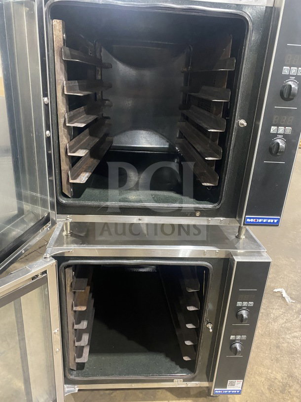 Turbofan Moffat E32D5 double stacked convection ovens, stainless steel, steam injection, on casters, full-sized.