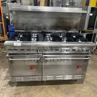 Wolf stainless steel natural gas 8-burner range with double oven, backsplash, and salamander shelf. Model C56D538.