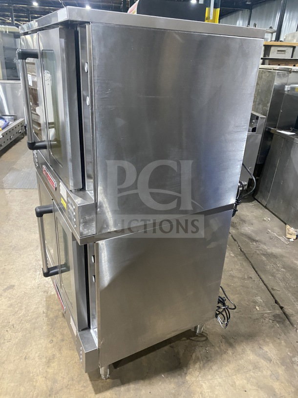 Southbend commercial stainless steel double-stacked gas convection oven with thermostatic control and wired oven rack.
