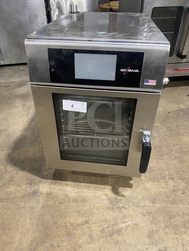Alto-Shaam CTX4-10EC stainless steel convection combi oven with touchscreen, wired rack, 208-240V, 3 phase, on legs.