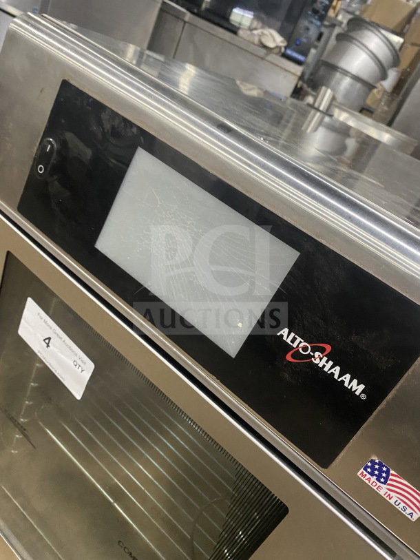 Alto-Shaam CTX410EC Stainless Steel Combitherm Oven, touchscreen, wired rack, 208-240V, 3-phase, on legs, US-made.