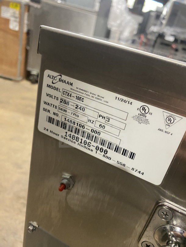 Alto-Shaam Combitherm CTX4-10EC electric convection combi oven, stainless steel, 208-240V, 3-phase, on legs, with wired rack.