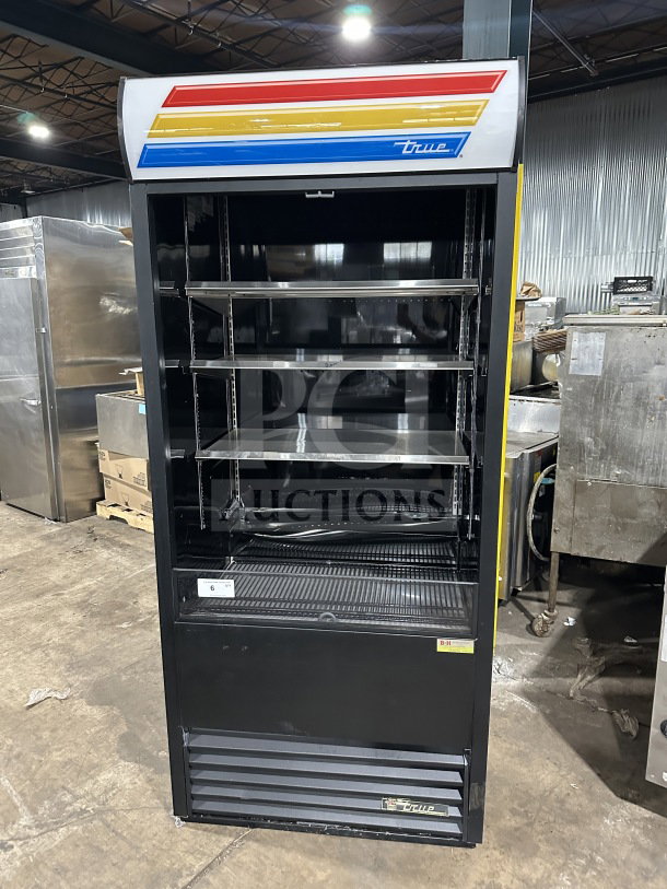 True Commercial Black Multi-Tier Refrigerated Open-Air Merchandiser, Model TAC36, 36" wide, with pull-down night curtain, SN 7546117.
