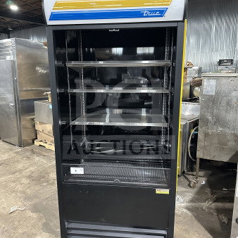 True Commercial Black Multi-Tier Refrigerated Open-Air Merchandiser, Model TAC36, 36" wide, with pull-down night curtain, SN 7546117.
