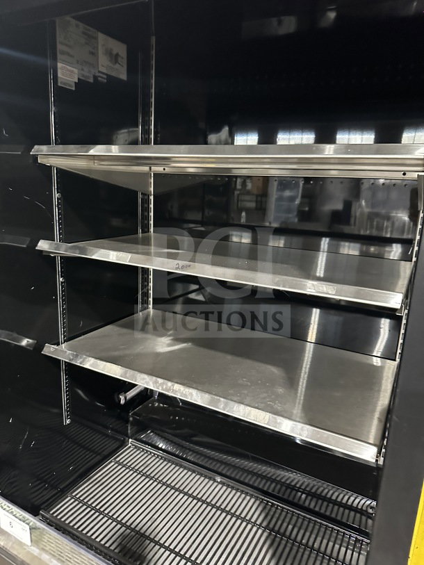 True TAC36 Black Multi-Tier Open-Air Merchandiser, 36" width, with pull-down night curtain and shelving. Model TAC-36, SN: 7546117.
