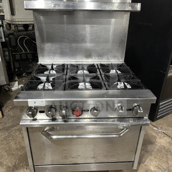 Qualite stainless steel gas range/oven model QLG36NG with salamander shelf, backsplash, and casters. Includes wired oven rack.