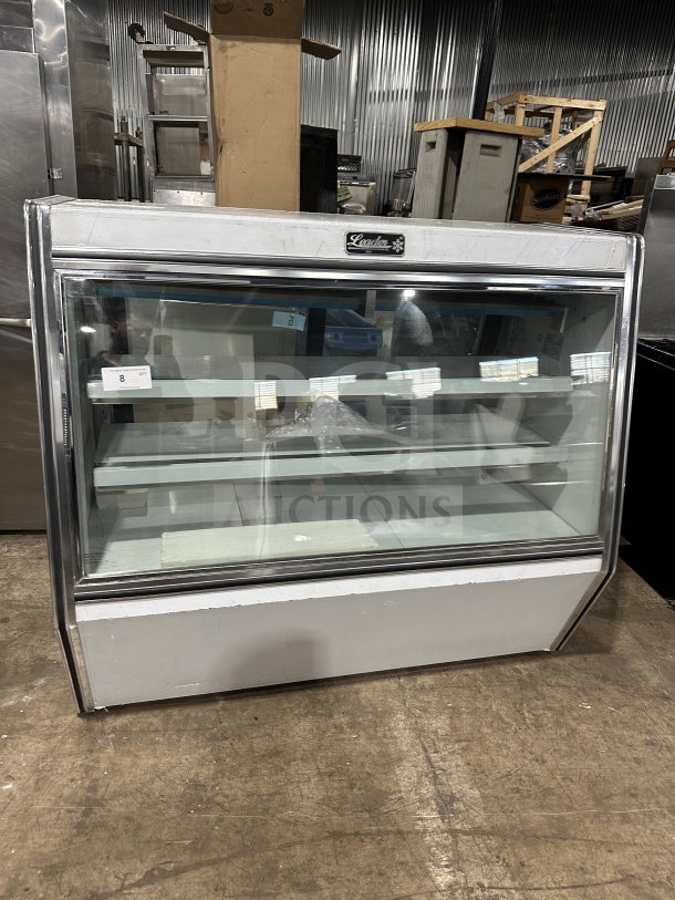 Leader 2019 stainless steel 60" deli display case, model ERHD60ESR. Features slanted glass, adjustable shelves, storage.