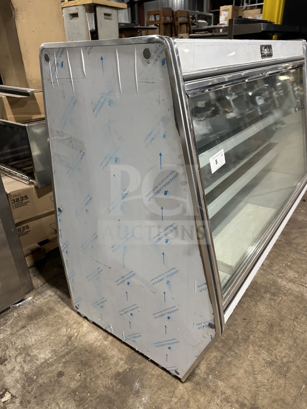 Leader 2019 stainless steel 60" refrigerated deli display, model ERHD60ESR, with slanted glass, adjustable shelves, storage compartment.