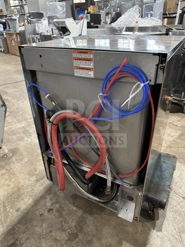Hobart LXE Series stainless steel undercounter dishwasher, Model LXEH, features wires and hoses, Energy Star certified.