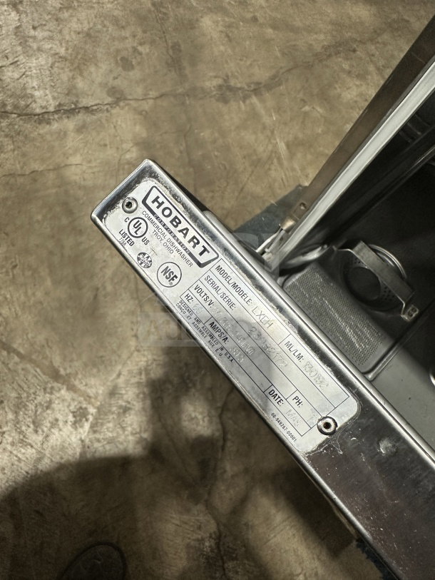 Hobart LXe Series high-temp dishwasher, stainless steel, Model LXEH, Energy Star certified, serial 23-1182-172, 120/208-240V.