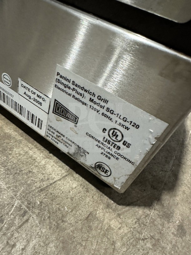 Cecilware SG1LG120 Panini Grill, stainless steel, grooved grates, thermostatic control, 120V, commercial use, 2008 model.