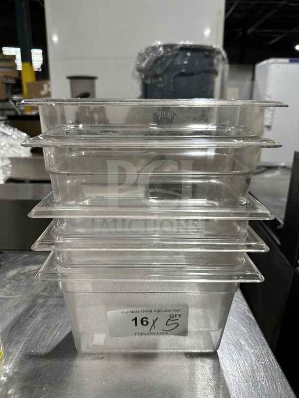 Clear Cambro polycarbonate food pan, model 6311, 1/4x6", high heat, in good condition. Label shows "16 QTY".