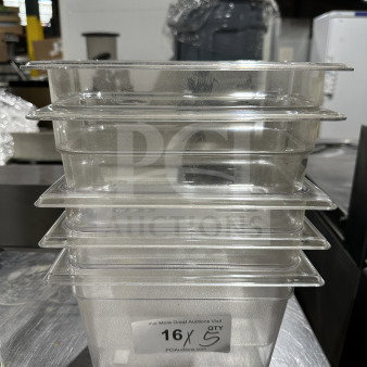 Clear Cambro polycarbonate food pan, model 6311, 1/4x6", high heat, in good condition. Label shows "16 QTY".
