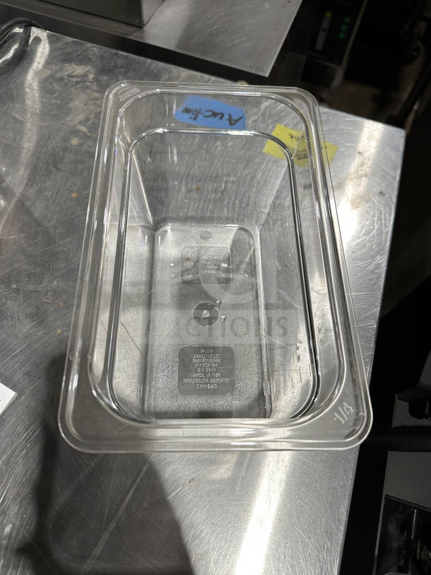 Cambro Polycarbonate Clear 1/4x6" High Heat Food Pan, Model 6311, in good condition, marking shows 1/4 capacity.