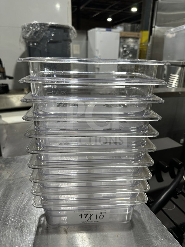 Winco SP7404 commercial clear polycarbonate 1/4-size food pan, 4" deep, brand new, stack of pans, label indicates 17X QTY.