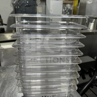 Winco SP7404 commercial clear polycarbonate 1/4-size food pan, 4" deep, brand new, stack of pans, label indicates 17X QTY.