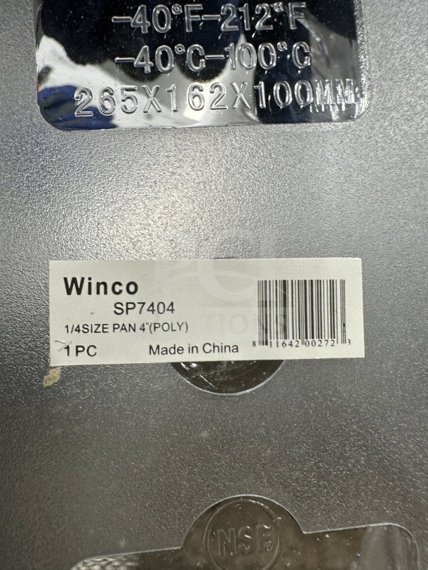 Winco SP7404, 1/4-size, 4" deep polycarbonate food pan. Brand new, commercial grade. NSF certified. Made in China.