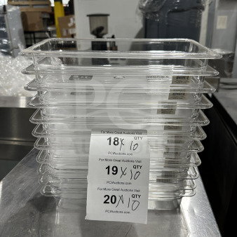 Clear Cambro Camwear Series 1/3 size food pans, model 32CW, 2.5" deep, stacked. Labels indicate auction lots.
