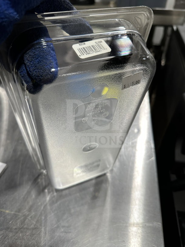 Cambro Camwear 32CW commercial clear polycarbonate food pan, 1/3 size, 2.5" deep, excellent condition, labeled with barcode.