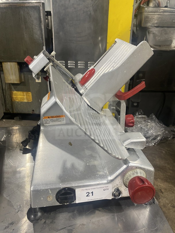 Berkel Model 827-A commercial electric meat slicer, stainless steel, countertop design, on legs, 115V, SN: EN-1005977.