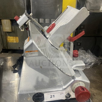 Berkel Model 827-A commercial electric meat slicer, stainless steel, countertop design, on legs, 115V, SN: EN-1005977.