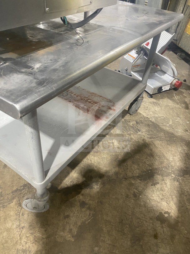 Commercial stainless steel two-compartment equipment stand on casters, maintained condition, features durable design.