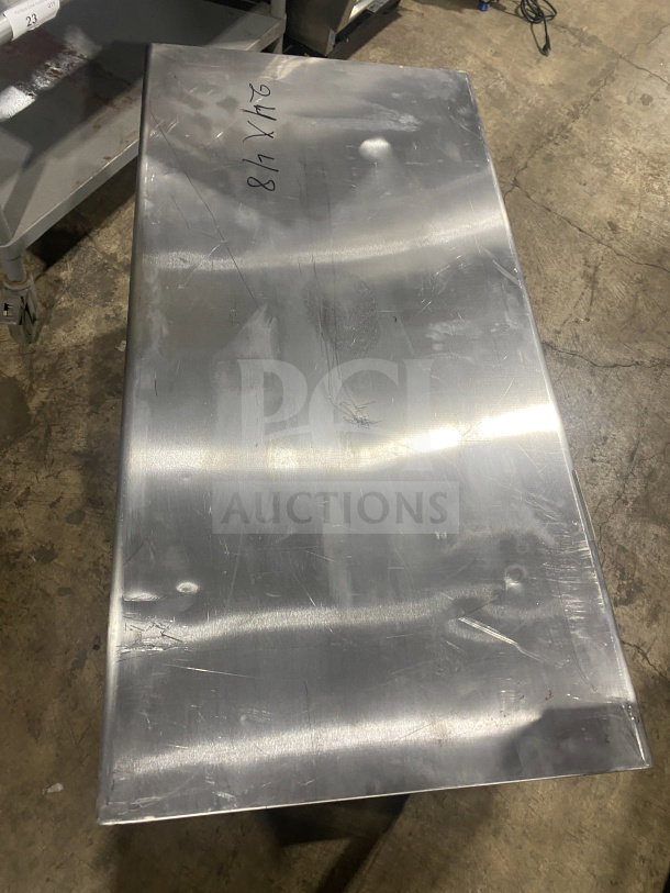 L&J stainless steel two-compartment equipment stand, on legs, minor surface scratches, dimensions marked as 81 x 176.