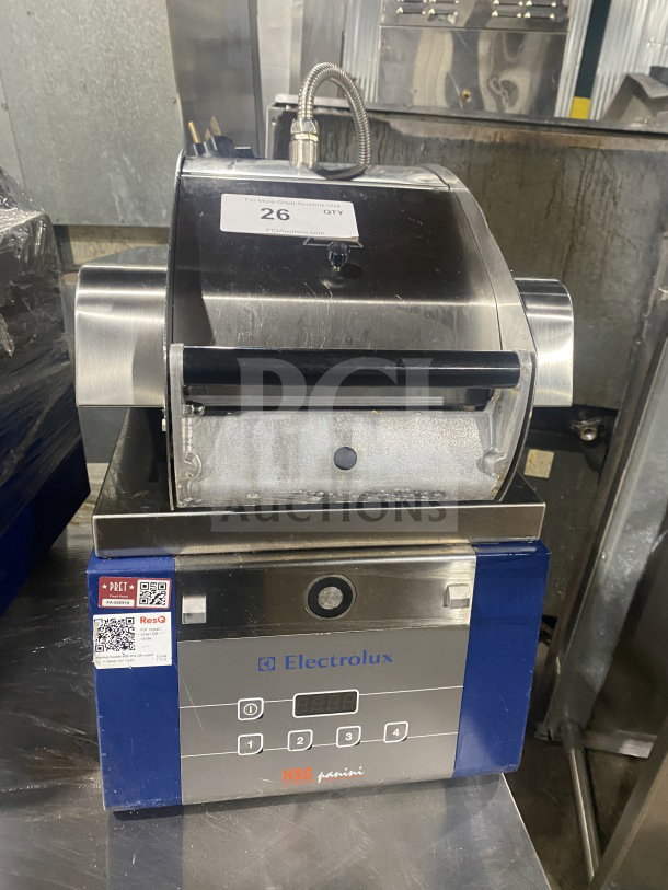 Electrolux HSPPA1 stainless steel panini press, electric, 208V, 1 phase, on legs, commercial use, visible control panel.