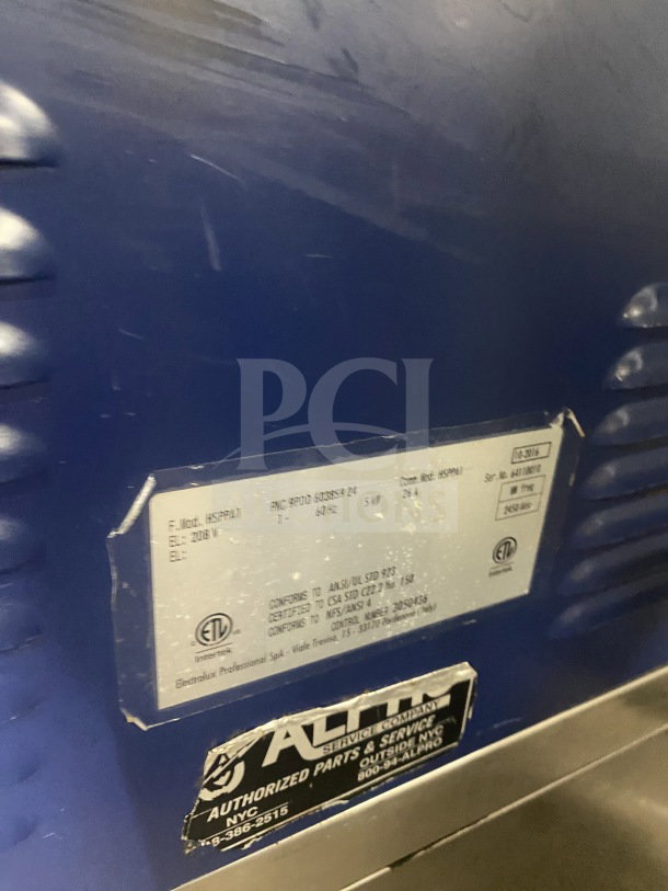 Electrolux HSPPA1 stainless steel electric panini press, 208V, on legs, commercial use, includes ETL and conformity labels.