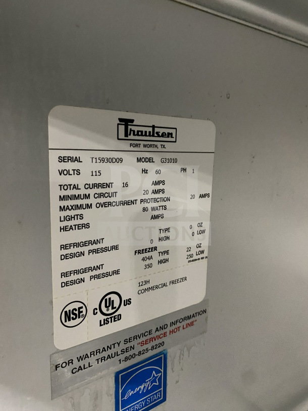 Traulsen G31010 commercial stainless steel triple door freezer; Energy Star certified; poly coated rack; model: G31010; SN: T15930D09.