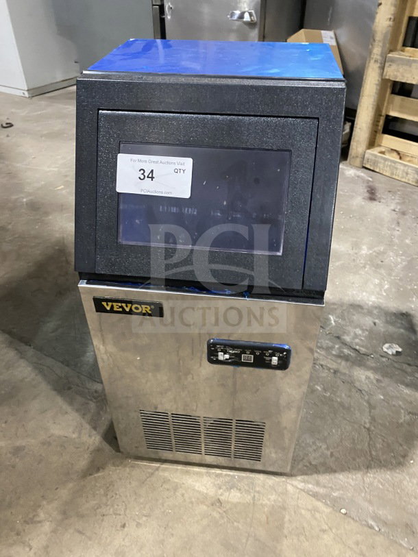 Vevor BY-90PF stainless steel ice maker with digital controls, 110V, commercial use. Model and serial number visible.