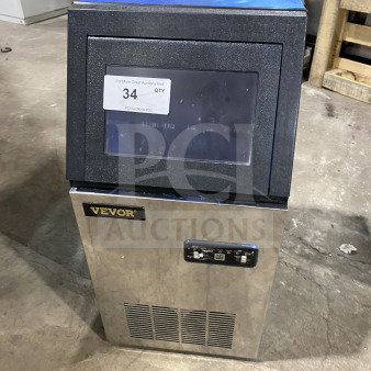Vevor BY-90PF stainless steel ice maker with digital controls, 110V, commercial use. Model and serial number visible.