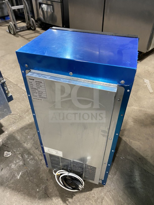 Vevor BY-90PF stainless steel ice machine with digital controls, label visible, 110V, commercial use, excellent condition.