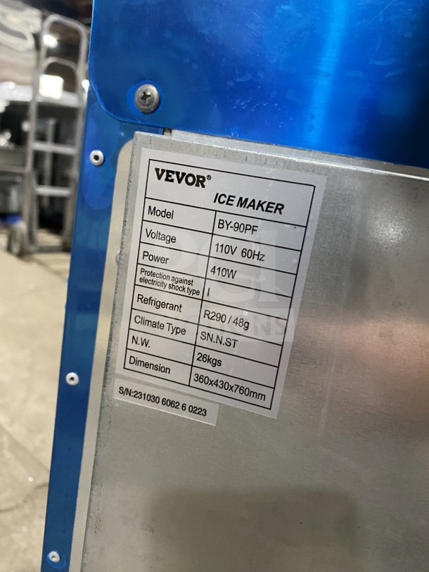 Vevor BY-90PF ice maker label, 110V, stainless steel, digital controls, 26kg, dimensions 360x430x760mm, S/N: 231030606260223.