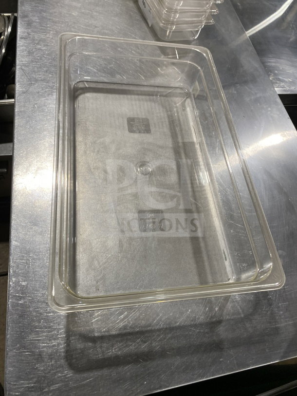Clear Thunder Group PLPA8001 polycarbonate food pan, 1/1 size, 4" deep, like-new condition, visible NSF markings.