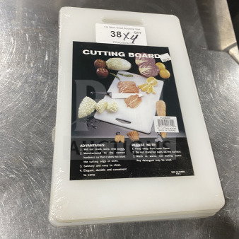 Brand new Thunder Group PLCB002 non-skid white plastic cutting board with handle hole. Stack of four.